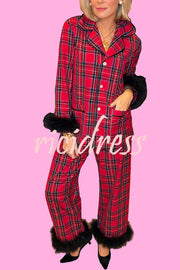 Holiday Time Plaid Contrast Feather Sleeve Pocket Shirt and Elastic Waist Pajama Set