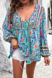 Intricate Floral Print V Neck Lace Up Paneled Long Sleeve Shirt