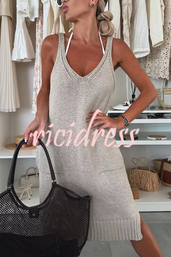 Solid Color V-Neck Sleeveless Casual Pocket Knitted Midi Dress