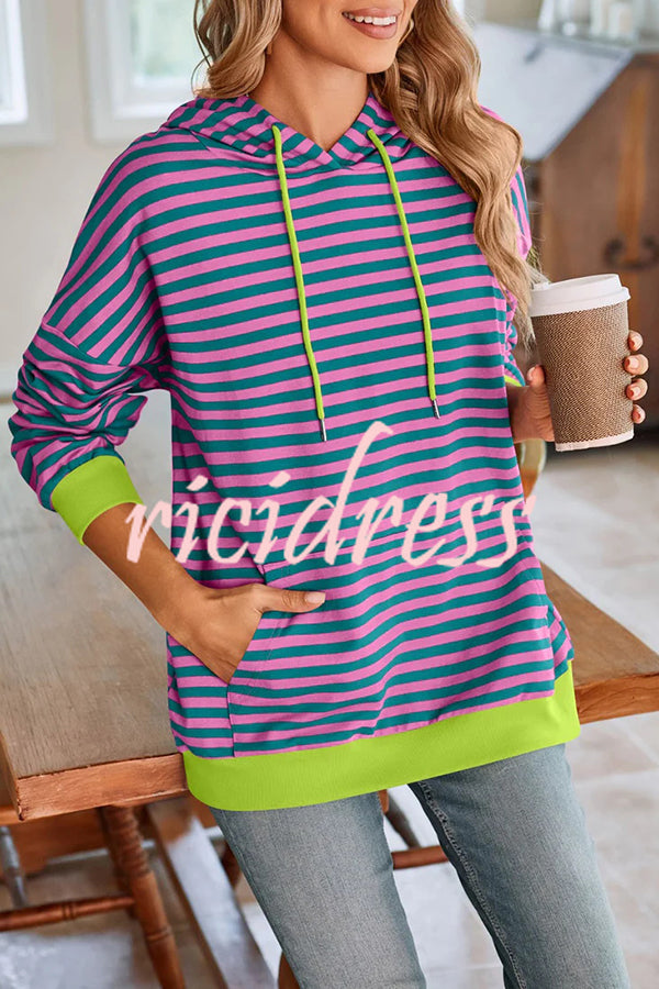 Striped Print Long Sleeve Pocket Loose Hoodie