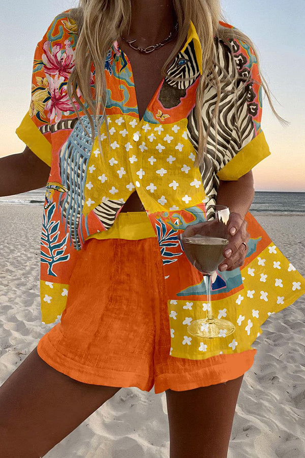 Zebra Print Loose Button Elastic Waist Shorts Set