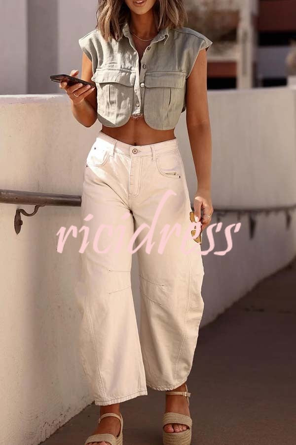 Stylish Weekend Denim Button Up Cape Sleeve Pocket Crop Top