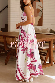Botanical Print Halter Square Neck Pleated Loose Maxi Dress