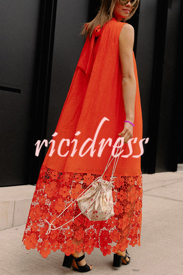 Breezy Comfort Tie-up Neck Sleeveless Floral Lace Hem Maxi Dress