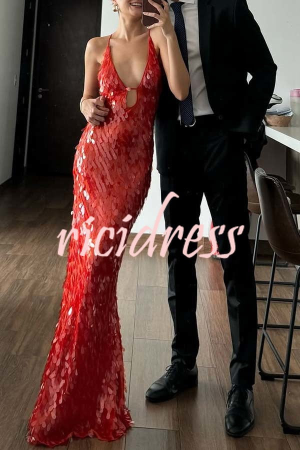 Reshape Beauty Fish Scale Sequin Cutout U-neck Slip Maxi Dress