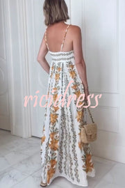 Summer Dreamer Linen Blend Unique Print Beaded Straps Pocketed Maxi Dress
