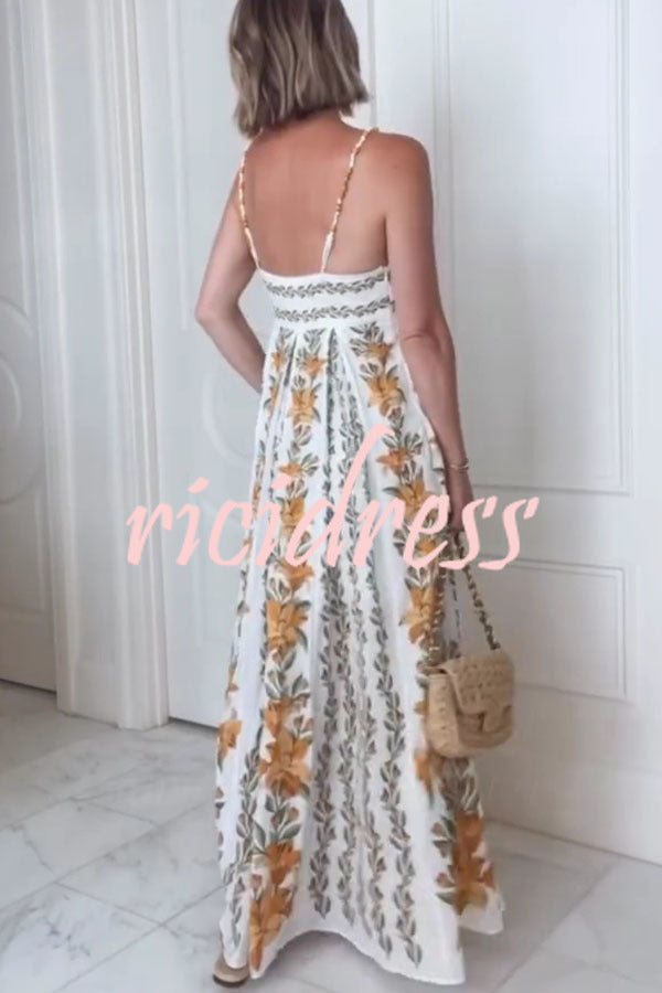 Summer Dreamer Linen Blend Unique Print Beaded Straps Pocketed Maxi Dress