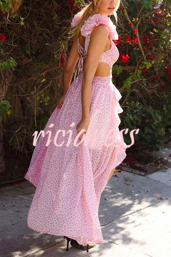 Wedding Dreams Chiffon Printed Flutter Sleeve Cutout Back Lace-up Maxi Dress