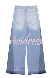 Ellison Denim Side Colorblock High Rise Pocket Wide Leg Jeans