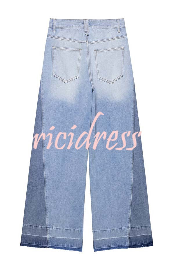 Ellison Denim Side Colorblock High Rise Pocket Wide Leg Jeans
