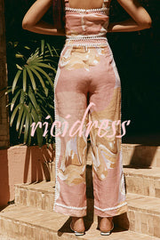 European Summer Linen Blend Ric Rac Trims High Rise Pocket Loose Pants