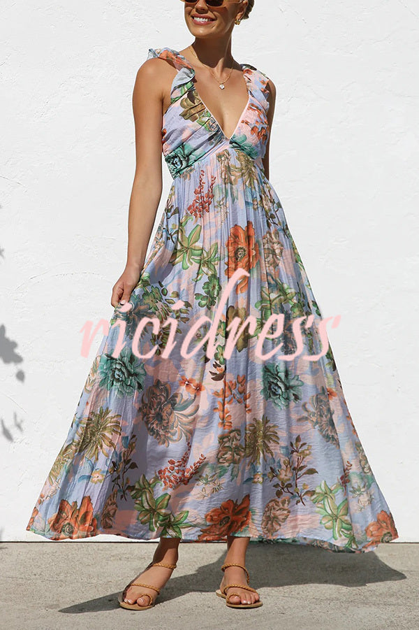 Unique Printed V-neck Ruffled Straps Pleated Back Maxi Dress