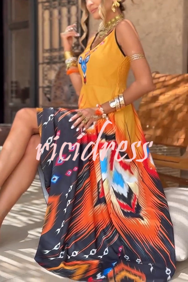 Unique Printed Suspender V-neck Loose Maxi Dress