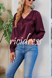 Satin Pleated V-neck Long-sleeved Loose Shirt