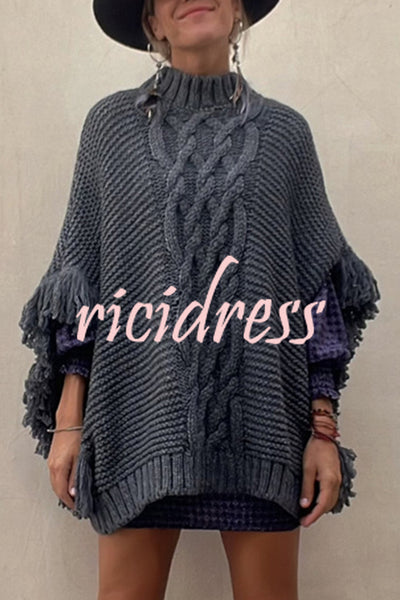 Cozy Paradise Knit Cable Fringed Dolman Sleeve Loose Sweater