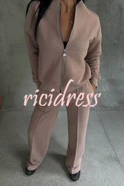 Solid Color Casual Long Sleeve Zipper Jacket and Elastic Waist Pocket Wide Leg Pants Set