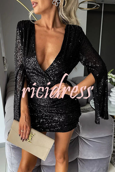 Outshining Everyone Sequin Cape Sleeve Ruched Backless Mini Dress