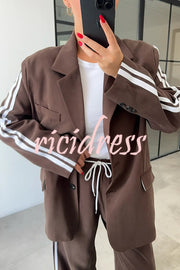 Levvie Striped Trim Long Sleeve Lapel Blazer and Rope Belt Pocketed Wide Leg Pants Set