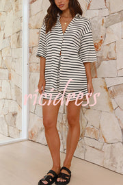 Stripe Print Lapel Short-sleeved Shirt Top and Elastic Waist Loose Shorts Set