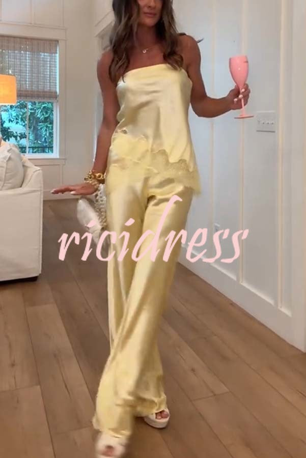 Odessa Satin Floral Lace Hem Strapless Tank and Mid Rise Wide Leg Pants Set