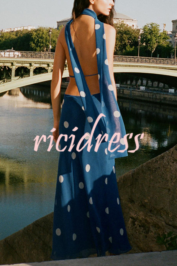 Fashion Polka Dot Print Sexy Halter Neck Backless Maxi Dress