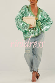 Fashion Sequined Long-sleeved V-neck Loose Lace-up Cardigan