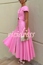 Solid Color Round Neck Button Crop Top and Elegant High Waist Slit Maxi Skirt Set