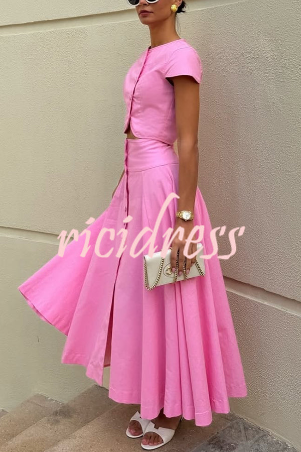Solid Color Round Neck Button Crop Top and Elegant High Waist Slit Maxi Skirt Set