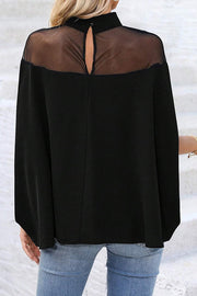 Fashionable Mesh-paneled Batwing Sleeve High-neck Loose Top