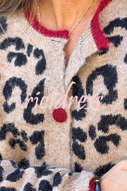Leopard Print Crew Neck Long-sleeved Loose Knit Cardigan