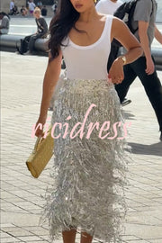 Evening Charm Layered Sequined Tassels High Rise Back Zipper Slit Midi Skirt