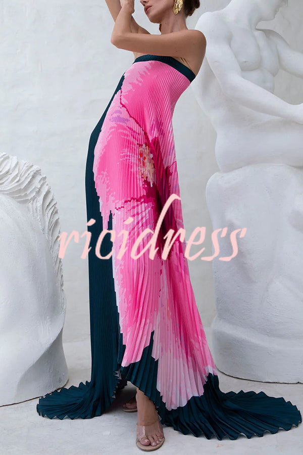 All about Her Pleated Floral Print Off Shoulder A-line Maxi Dress