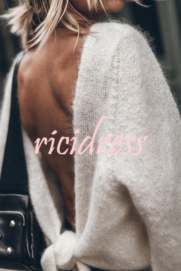 Chunky Season Knit Mohair-blend Long Sleeve Open Back Knot Design Loose Sweater