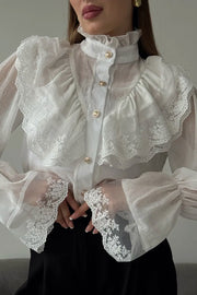 French Chiffon Ruffled Stand Collar Casual Shirt