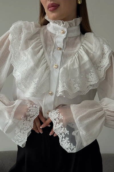 French Chiffon Ruffled Stand Collar Casual Shirt