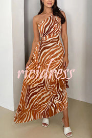 Elora Pleated Zebra Print One Shoulder Drawstring Cutout Maxi Dress