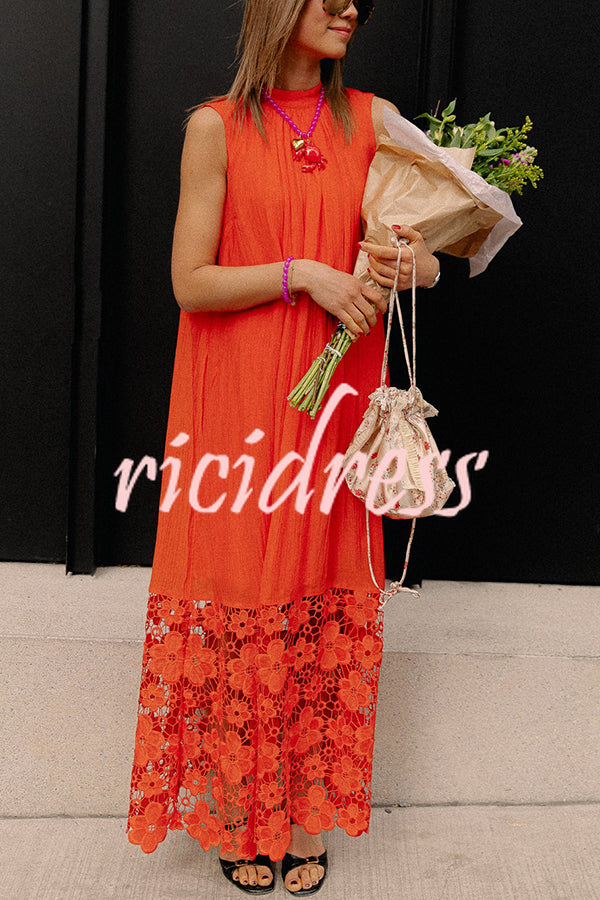 Breezy Comfort Tie-up Neck Sleeveless Floral Lace Hem Maxi Dress