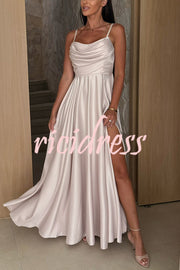 Solid Color Suspender Back Pleated Elegant Slit Full Hem Maxi Dress