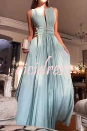 Sexy Sleeveless Open Back Cord Pleated Maxi Dress