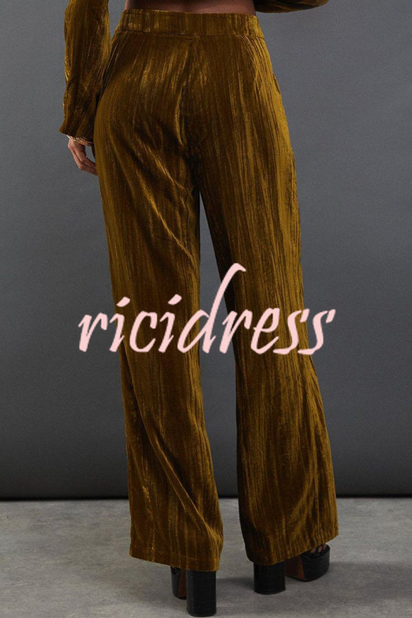 Solid Color Velvet Long-sleeved Waist Tie Top and Elastic Waist Casual Pocket Straight-leg Pants Set