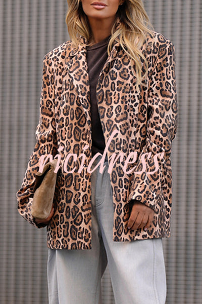 Catwalk Leopard Single Button Long Sleeve Pocketed Lapel Boyfriend Blazer