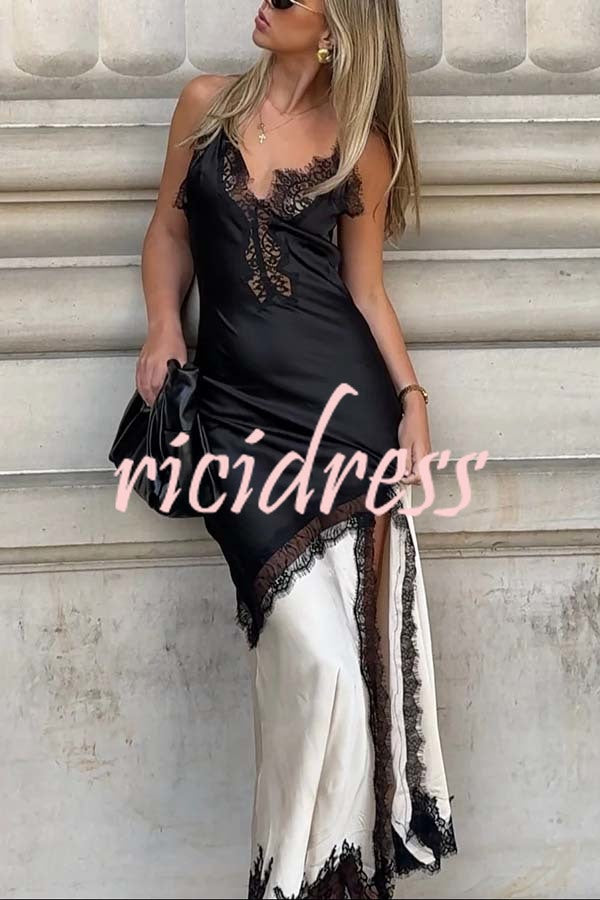 Soft and Romantic Satin Lace Trim Colorblock V-neck Side Slit Maxi Dress
