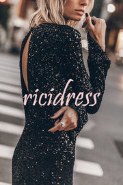 Ignite Sparkly Nights Sequin Extra Long Sleeve Open Back Loose Midi Dress