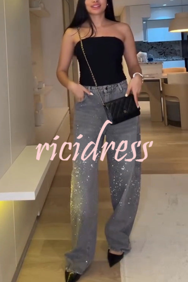 Fashion Star Rhinestone High Rise Casual Pocket Straight Loose Jeans