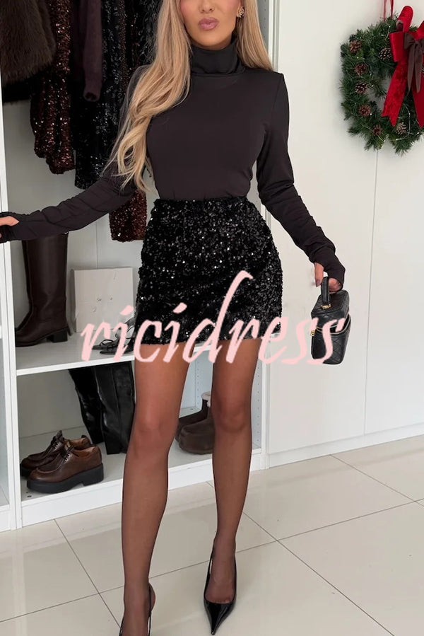 Polished Uptown Velvet Sequin High Rise Elastic Waist Mini Skirt