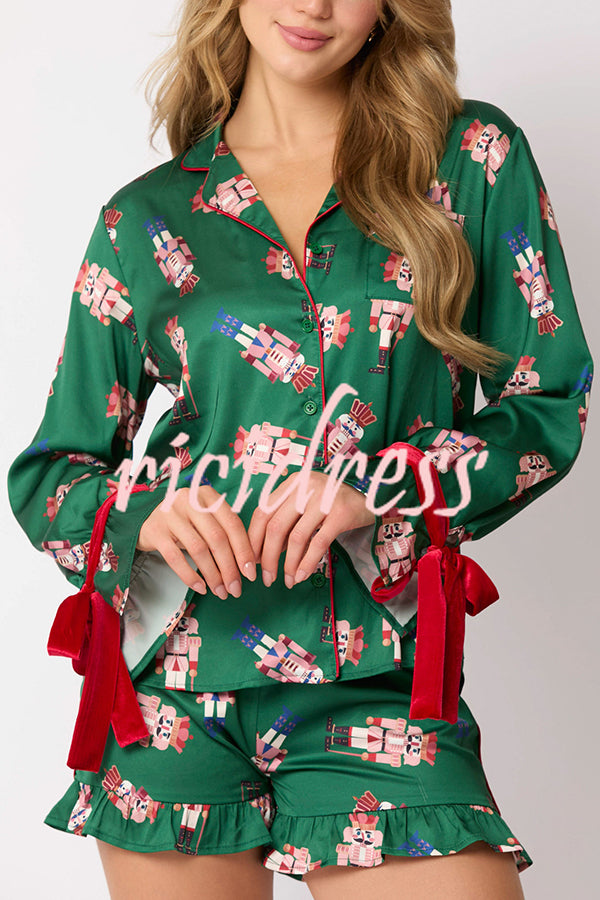 Christmas Fashion Printed Bow Tie Top and Elastic Waist Ruffle Shorts Set