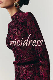 Diane Velvet Embroidered Floral Lace Long Sleeve Belt Scallop Edge Midi Dress