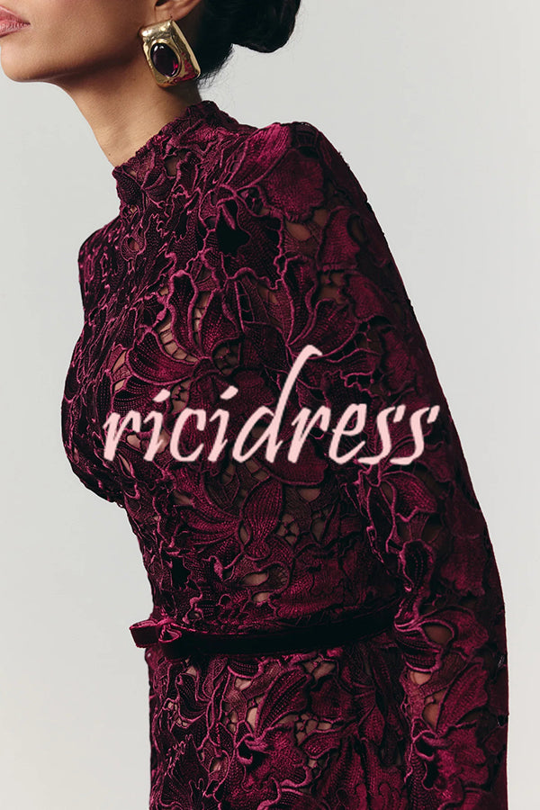Diane Velvet Embroidered Floral Lace Long Sleeve Belt Scallop Edge Midi Dress