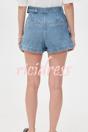Fall for That Denim Faux Wrap Buckle Tie Pocketed Mini Shorts