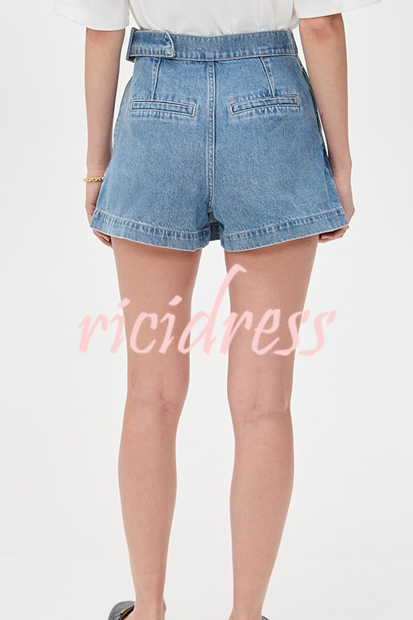 Fall for That Denim Faux Wrap Buckle Tie Pocketed Mini Shorts